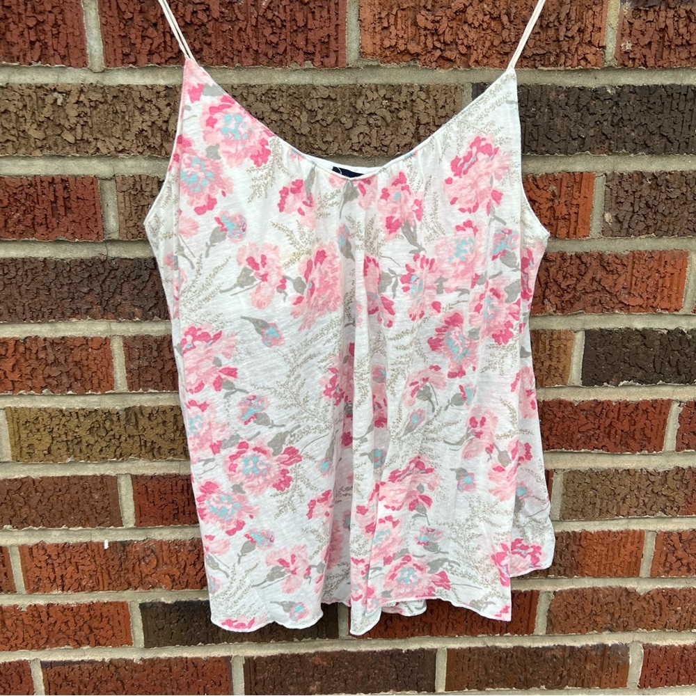 American Eagle Outfitters White and Pink Floral Spaghetti Strap Flounce Tank Top - Picture 2 of 3